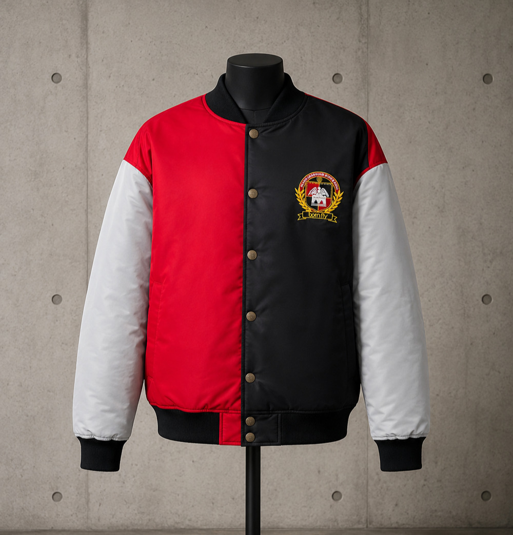 NWT Born Fly Mens 2XL Satin Varsity Bomber Jacket Red Black White Embroidered
